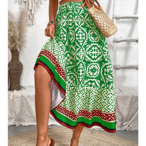 Boho Color Block Print Stretchy Waist Ruffle Hem Skirt - Picture 7 of 14